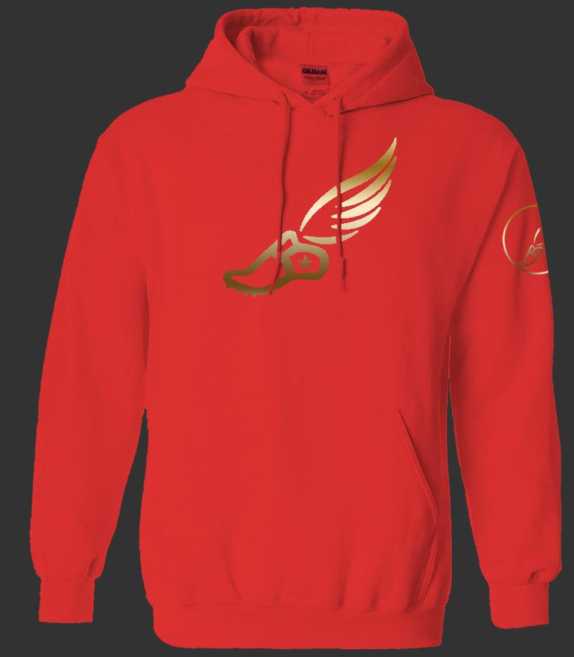 TRACKSTAR by Noey Athletic Red Pullover Hoodie: Gold Track Spike