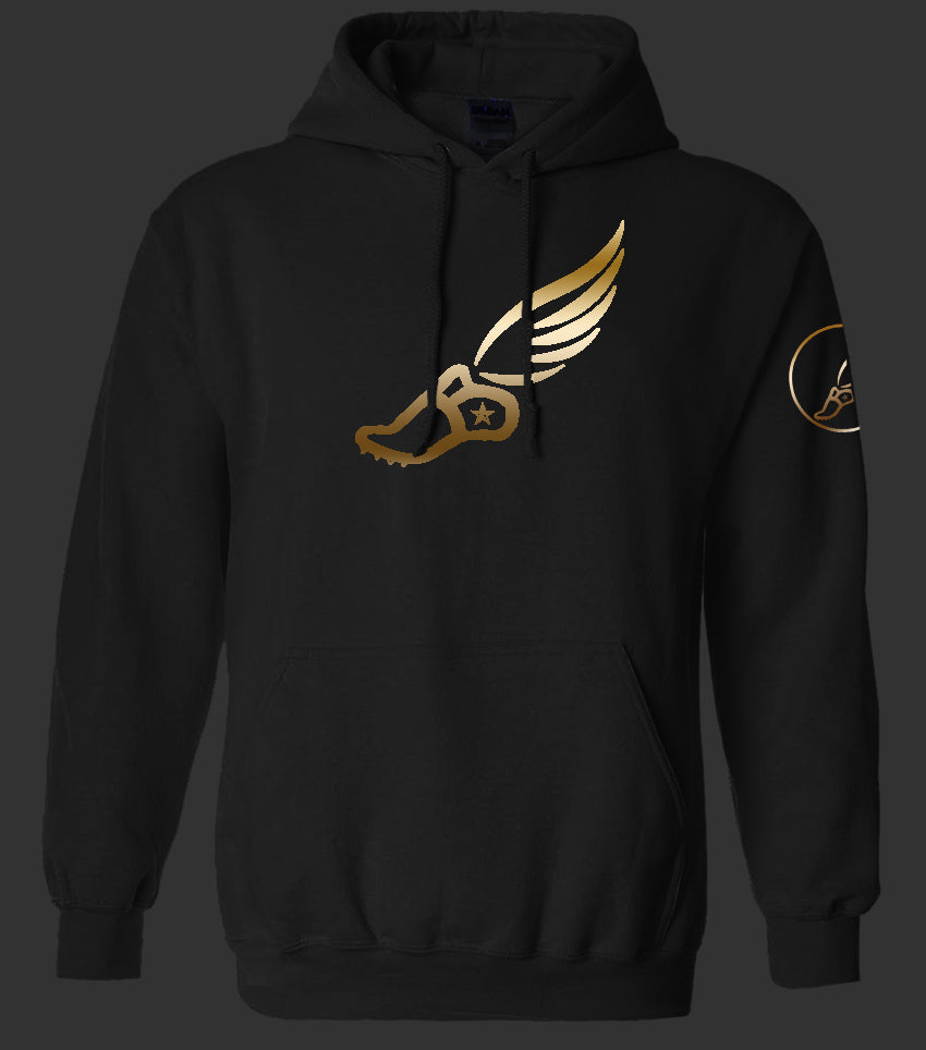 TRACKSTAR by Noey Black Pullover Hoodie: Gold Track Spike