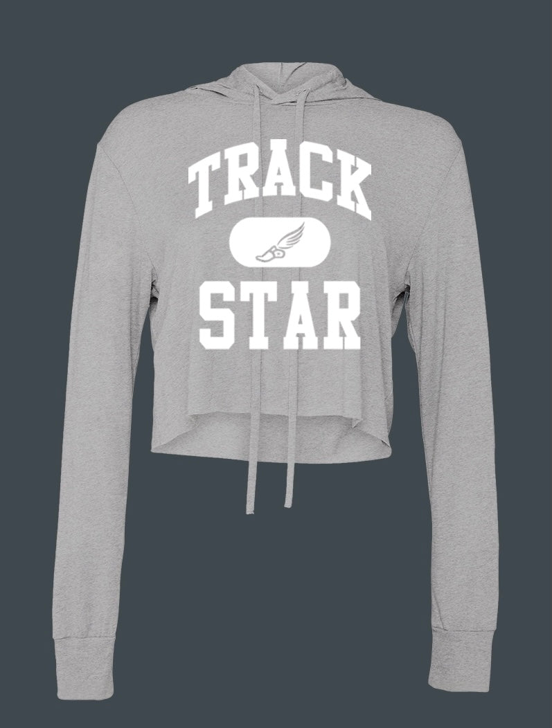 TRACK STAR Athletic Gray Women's Cropped Hoodie T-Shirt: Long Sleeve